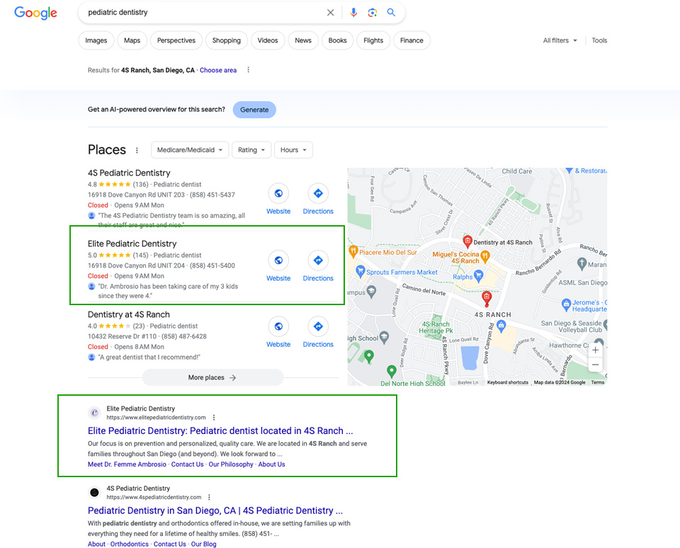 Sample result Google SEO for dentist